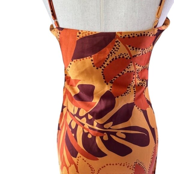 House of Harlow 1960 NWT Ruched Foliage Print Satin Slip Midi Side Slit Dress M - Picture 13 of 16